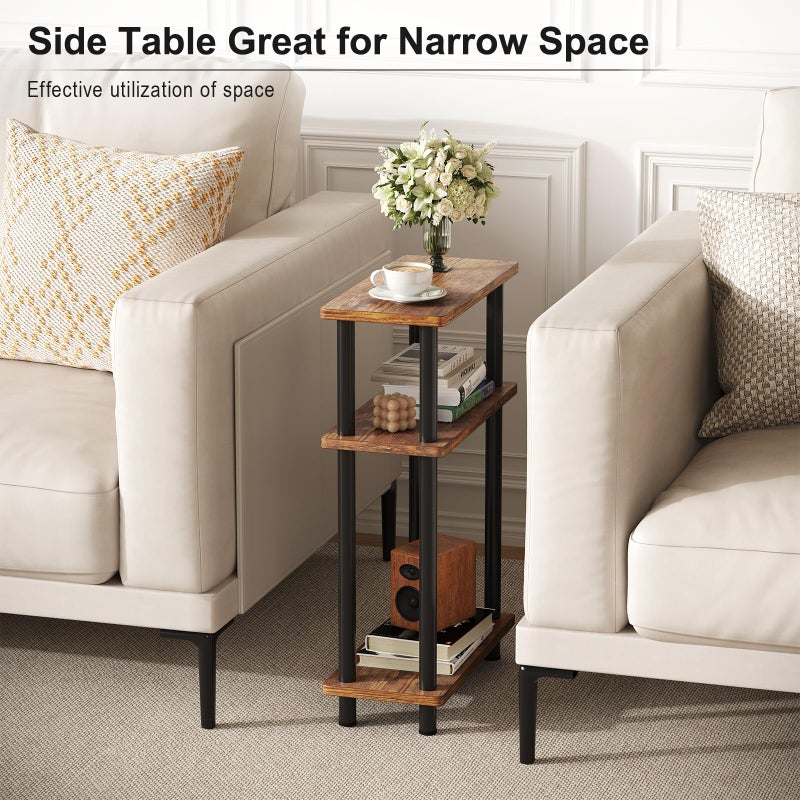 Apicizon Small Narrow Side Table, 3-Tier Skinny End Table for Small Spaces, Slim Nightstand with Storage Shelf, Bedside Table for Living Room, Bedroom, Rustic Brown and Black - Image 5