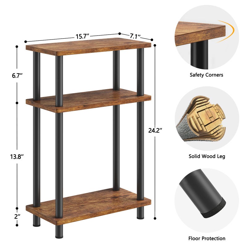 Apicizon Small Narrow Side Table, 3-Tier Skinny End Table for Small Spaces, Slim Nightstand with Storage Shelf, Bedside Table for Living Room, Bedroom, Rustic Brown and Black - Image 2