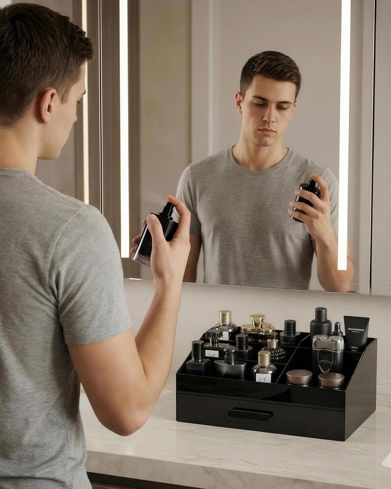 Procase منظم عطور بروكيس للرجال مع درج، هدايا عيد الحب، حامل عطور أكريليك ومنظم سطح الحمام للرجال والنساء، تخزين طاولة الزينة للعطور، العطور والعناية بالبشرة - طبقة واحدة - Image 5