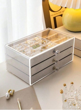 Clear Acrylic Jewelry Organizer with 3 Velvet-Lined Drawers – Stackable Multi-Purpose Storage for Earrings, Rings, Necklaces & Watches – Ideal Gift ( Multi Colors ) - view 3