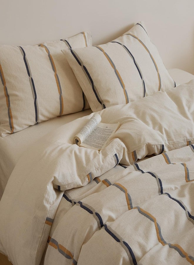 mixinni Cotton Linen Jacquard Duvet Cover Set Queen, 3-Piece Mid-Century Modern Bedding, Vintage Striped Bohemian Duvet Cover with 2 Pillowcases, All-Season Breathable Comforter Cover-Queen Size - Image 4