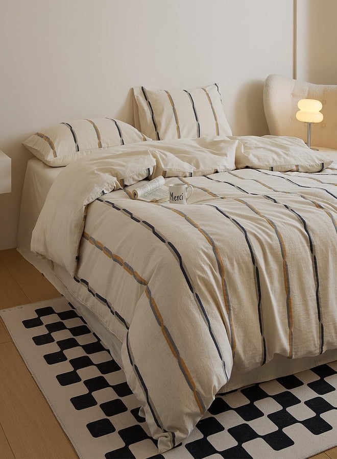 mixinni Cotton Linen Jacquard Duvet Cover Set Queen, 3-Piece Mid-Century Modern Bedding, Vintage Striped Bohemian Duvet Cover with 2 Pillowcases, All-Season Breathable Comforter Cover-Queen Size - Image 2