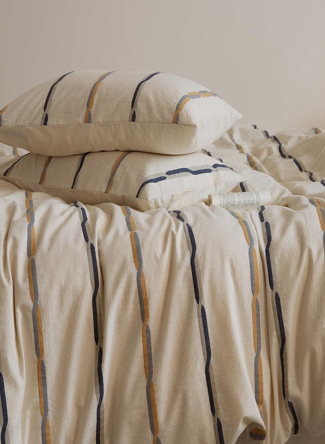 mixinni Cotton Linen Jacquard Duvet Cover Set Queen, 3-Piece Mid-Century Modern Bedding, Vintage Striped Bohemian Duvet Cover with 2 Pillowcases, All-Season Breathable Comforter Cover-Queen Size - Image 3