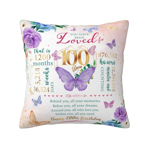 Skizbcw Birthday Gifts for 100 Year Old Woman, 100th Birthday Decorations for Women, 100 Birthday Gift Ideas, Gifts for 100th Birthday, 100 Year Old Birthday Gifts for Women Throw Pillow Covers 18 x 18 Inch - Image 1