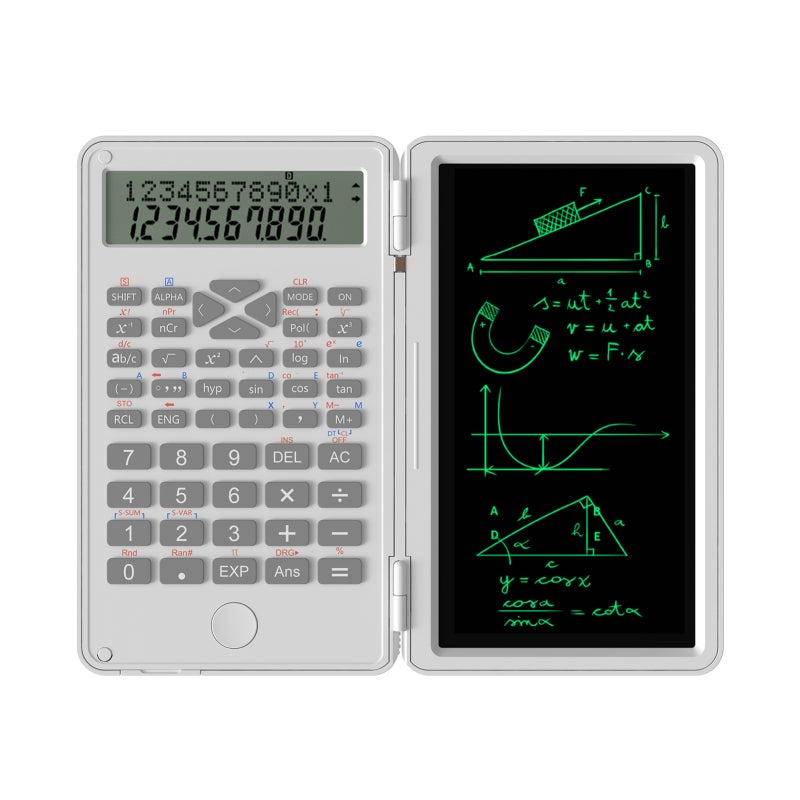 آلة حاسبة علمية مع لوحة كتابة قابلة للمسح، 240 وظيفة، شاشة LCD ثنائية السطور، قابلة للطي، آلة حاسبة مالية رياضية، مستلزمات مدرسية لطلاب المدارس المتوسطة والثانوية والجامعات، لون أبيض - Image 1