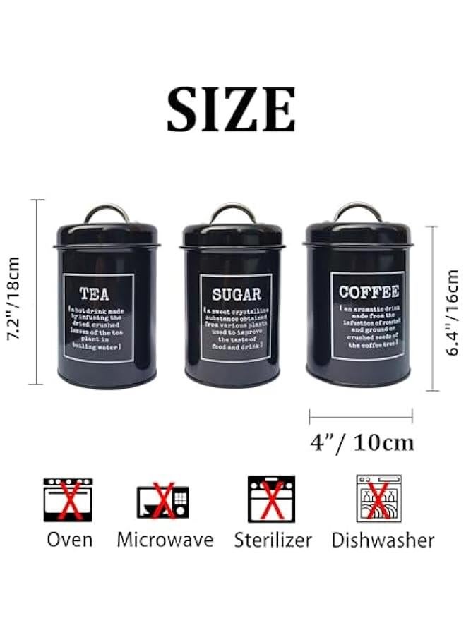 HOOKOR Set of 3 Airtight Kitchen Canister Decorations with Lids, Coffee, Tea, Sugar Metal Containers, Decorative Nesting Kitchen Canister Jars, Food Storage (Black) - Image 2