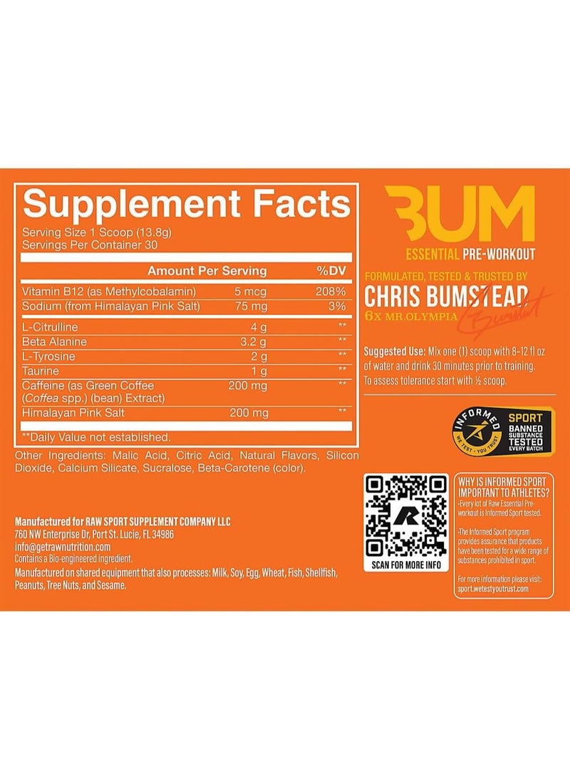 رو مسحوق RAW Essential Pre-Workout (برتقالي) - مكمل غذائي رياضي من كريس بامستيد للرجال والنساء - مسحوق طاقة قبل التمرين مع مزيج من الكافيين، إل-سيترولين، إل-تيروسين، وبيتا ألانين، 30 حصة، 414 غرام - Image 3