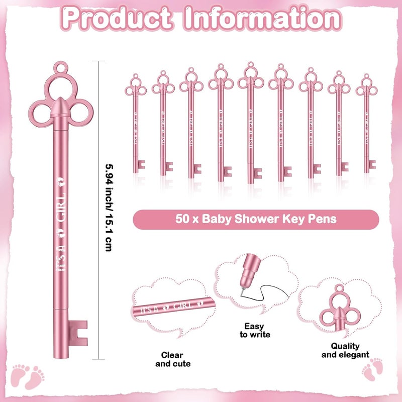 Geyoga Geyoga 50 Sets Baby Shower Party Favors 50 Fancy Key Shape Pens Its a Girl Key Gel Ink Pens 50 Thank You Cards Small Gift Cards 50 Organza Bags for Guests Gender Reveal Party Favors Pink  - Image 2