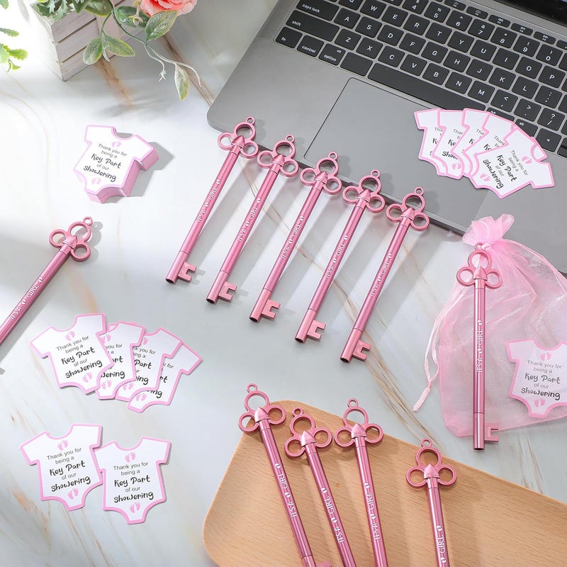Geyoga Geyoga 50 Sets Baby Shower Party Favors 50 Fancy Key Shape Pens Its a Girl Key Gel Ink Pens 50 Thank You Cards Small Gift Cards 50 Organza Bags for Guests Gender Reveal Party Favors Pink  - Image 5
