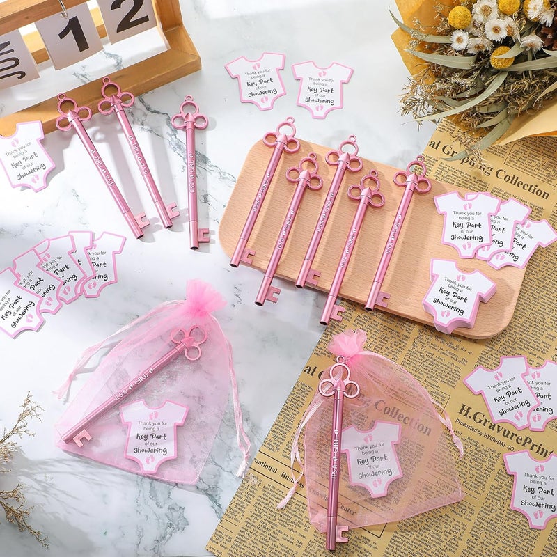 Geyoga Geyoga 50 Sets Baby Shower Party Favors 50 Fancy Key Shape Pens Its a Girl Key Gel Ink Pens 50 Thank You Cards Small Gift Cards 50 Organza Bags for Guests Gender Reveal Party Favors Pink  - Image 4