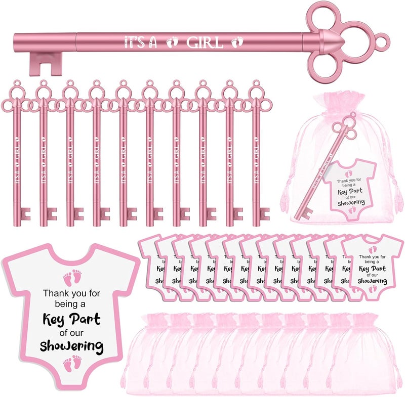 Geyoga Geyoga 50 Sets Baby Shower Party Favors 50 Fancy Key Shape Pens Its a Girl Key Gel Ink Pens 50 Thank You Cards Small Gift Cards 50 Organza Bags for Guests Gender Reveal Party Favors Pink  - Image 1