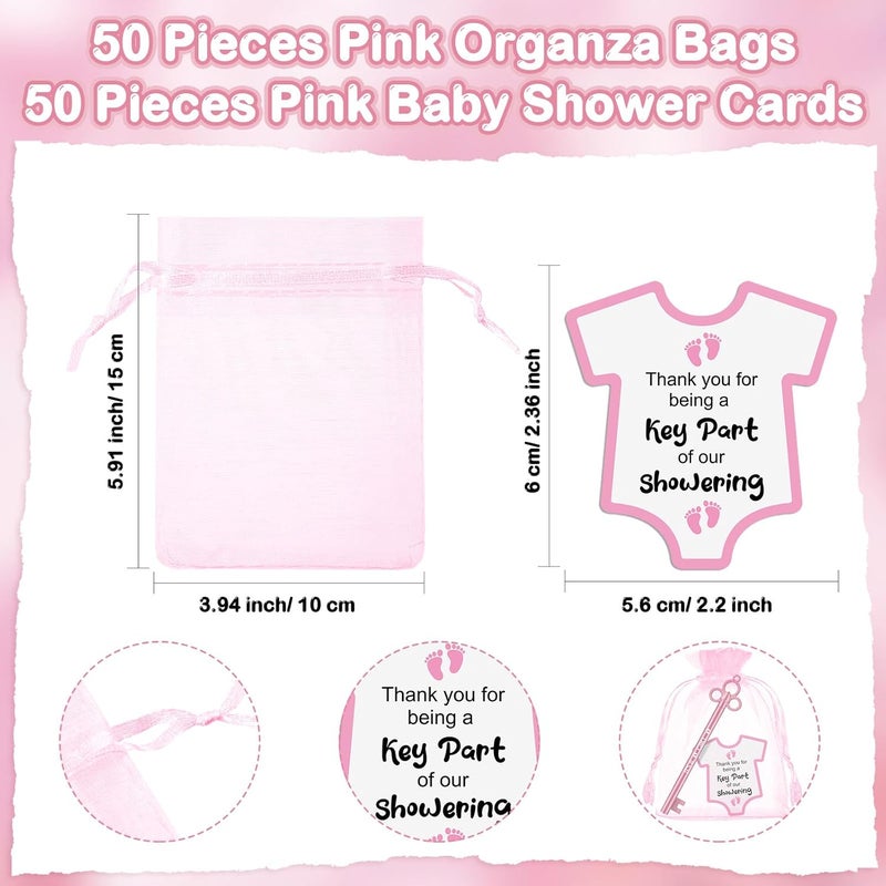 Geyoga Geyoga 50 Sets Baby Shower Party Favors 50 Fancy Key Shape Pens Its a Girl Key Gel Ink Pens 50 Thank You Cards Small Gift Cards 50 Organza Bags for Guests Gender Reveal Party Favors Pink  - Image 3