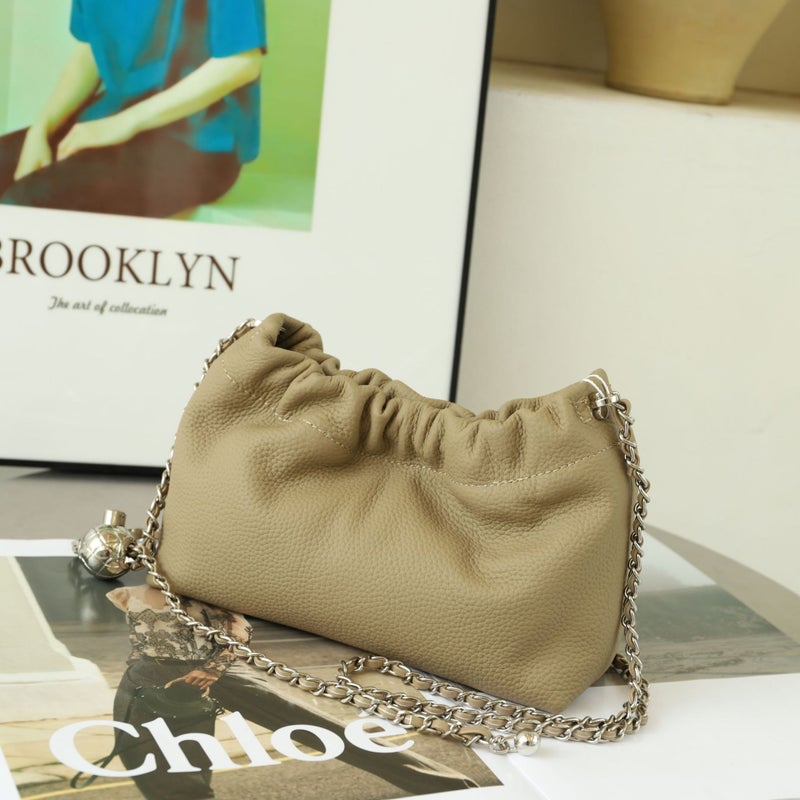 Cloud Bucket Bag Chain Underarm Bag Genuine Leather Womens Bag Fashionable Small Golden Ball Folded Bag Casual All-match Fortune Bag Small Bag elephant gray 