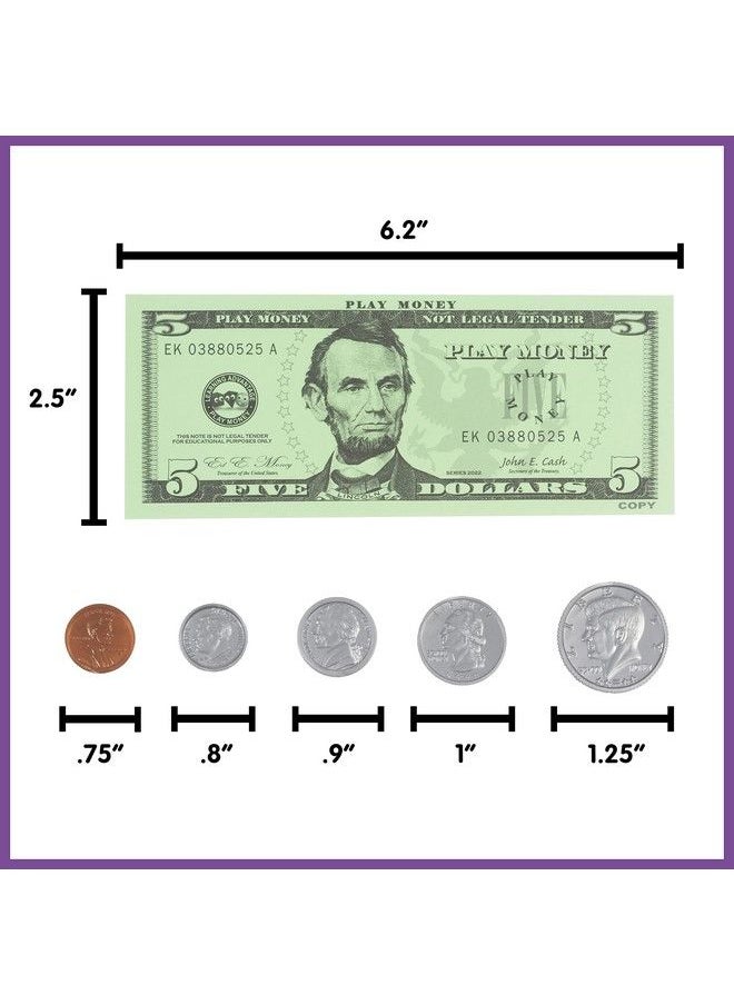 Learning Advantage Play Money Set Bills & Coins 100 Bills 94 Coins Pretend Money Designed Like Real Currency Count Change With Toy Money  - Image 4