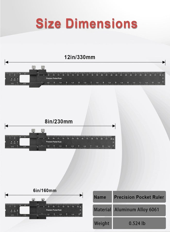 BOXmime Woodworking Ruler Precision Pocket Rule - BOXmime 12,8,6 Inch Metal Slide Stop Marking Ruler Metric Inch Measuring Wood Working Scribing Rulers - Engineers Woodwork Adjustable Sliding Ruler - Image 2