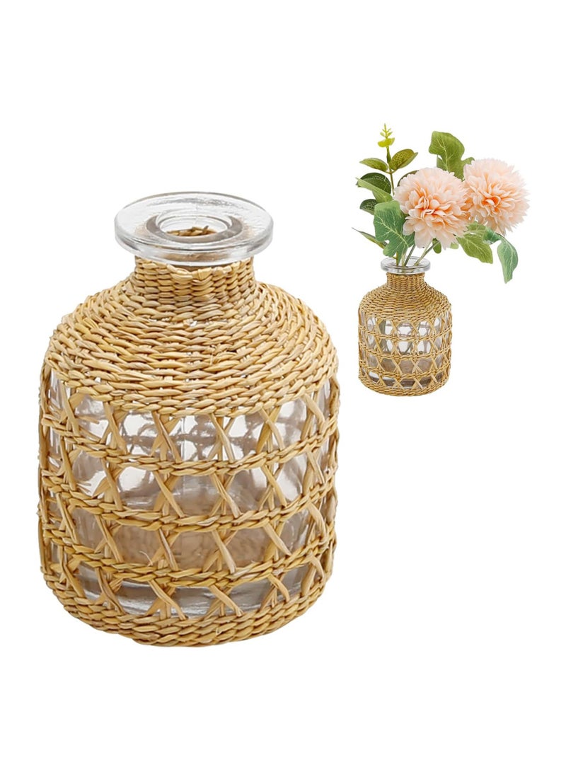 Excefore Flower Vases with Rattan Cover, Straw Woven Glass Vase, Rattan Woven Vase Decorative, Glass Flower Vase, Boho Glass Flower Vase, Vase for Home Flower Arrangement Table Decoration, 5.3''X3.5'' - Image 1
