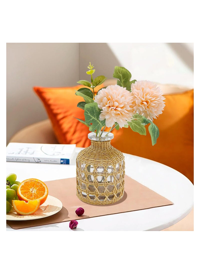 Excefore Flower Vases with Rattan Cover, Straw Woven Glass Vase, Rattan Woven Vase Decorative, Glass Flower Vase, Boho Glass Flower Vase, Vase for Home Flower Arrangement Table Decoration, 5.3''X3.5'' - Image 2