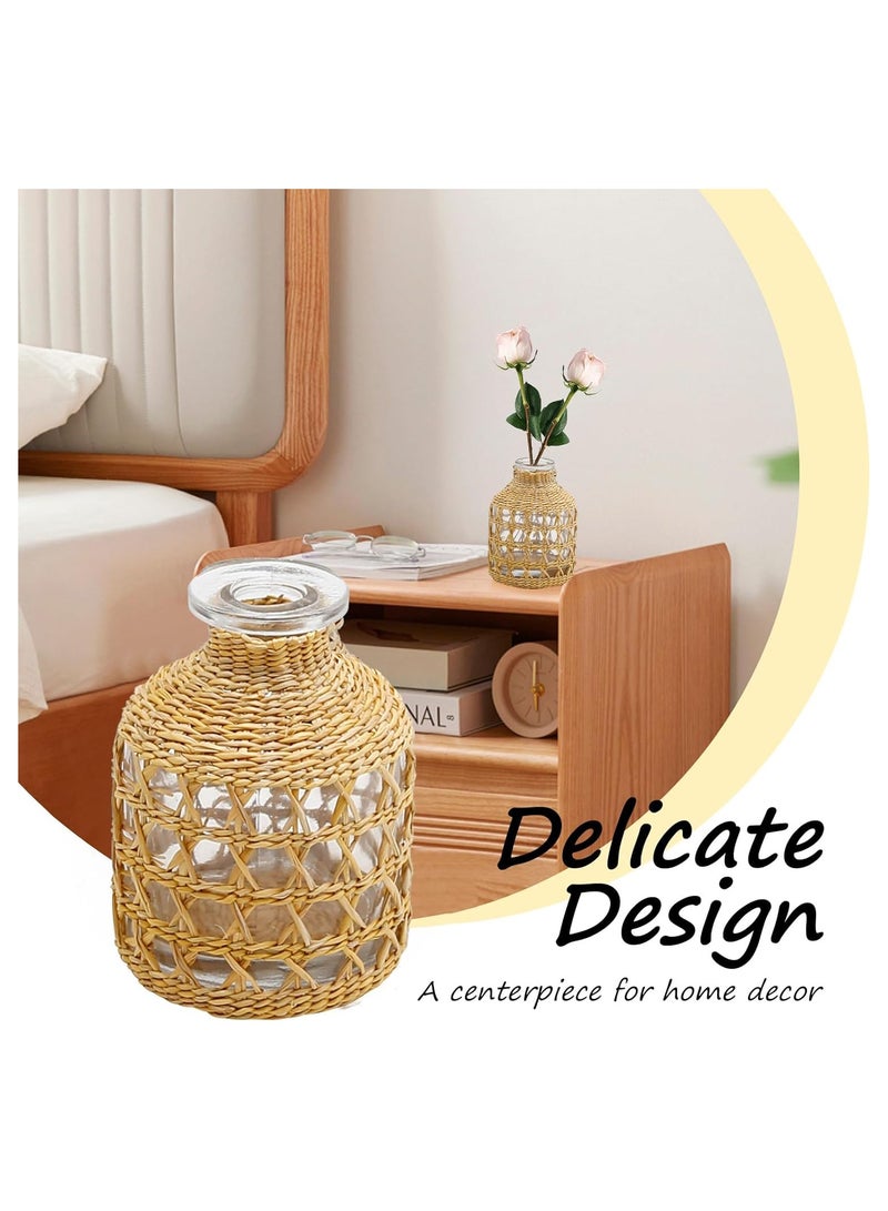 Excefore Flower Vases with Rattan Cover, Straw Woven Glass Vase, Rattan Woven Vase Decorative, Glass Flower Vase, Boho Glass Flower Vase, Vase for Home Flower Arrangement Table Decoration, 5.3''X3.5'' - Image 5