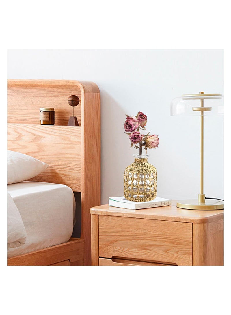 Excefore Flower Vases with Rattan Cover, Straw Woven Glass Vase, Rattan Woven Vase Decorative, Glass Flower Vase, Boho Glass Flower Vase, Vase for Home Flower Arrangement Table Decoration, 5.3''X3.5'' - Image 3