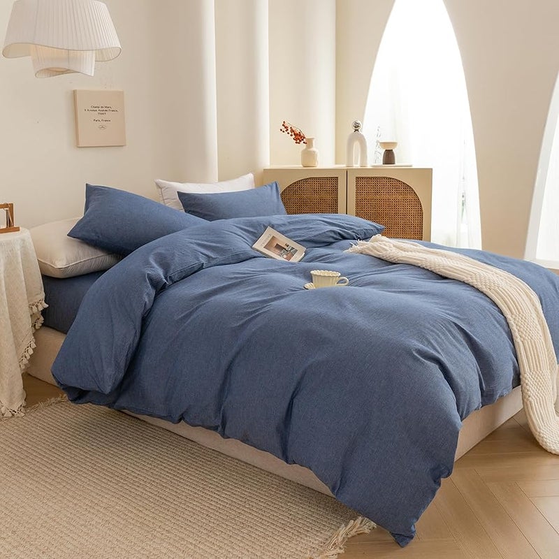 LEXIN Denim Blue Queen Size Duvet Cover Set Made of 100 Percent Washed Cotton Includes One Duvet Cover with Zipper and Two Pillowcases Ultra Soft Breathable Cozy and Easy Care Bedding - Image 5