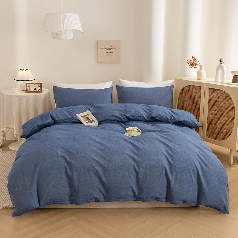 LEXIN Denim Blue Queen Size Duvet Cover Set Made of 100 Percent Washed Cotton Includes One Duvet Cover with Zipper and Two Pillowcases Ultra Soft Breathable Cozy and Easy Care Bedding - Image 1