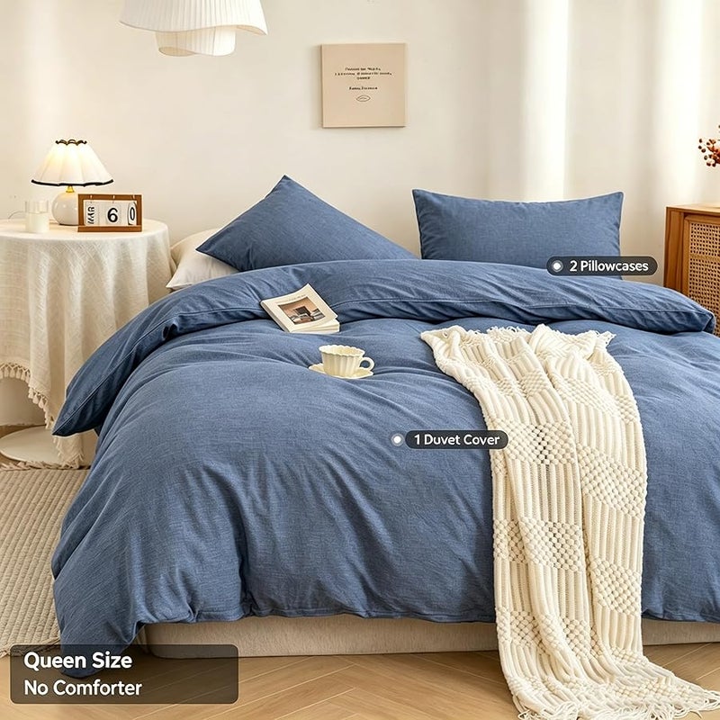 LEXIN Denim Blue Queen Size Duvet Cover Set Made of 100 Percent Washed Cotton Includes One Duvet Cover with Zipper and Two Pillowcases Ultra Soft Breathable Cozy and Easy Care Bedding - Image 2