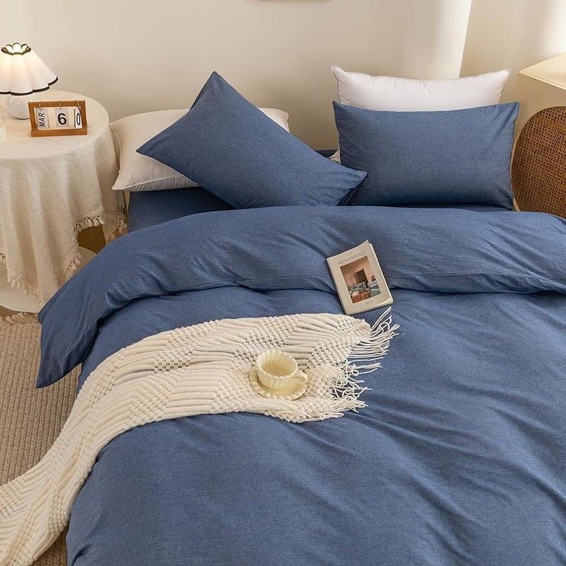 LEXIN Denim Blue Queen Size Duvet Cover Set Made of 100 Percent Washed Cotton Includes One Duvet Cover with Zipper and Two Pillowcases Ultra Soft Breathable Cozy and Easy Care Bedding - Image 3