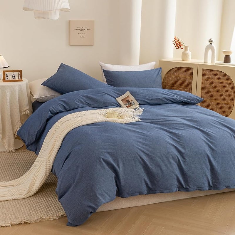 LEXIN Denim Blue Queen Size Duvet Cover Set Made of 100 Percent Washed Cotton Includes One Duvet Cover with Zipper and Two Pillowcases Ultra Soft Breathable Cozy and Easy Care Bedding - Image 4