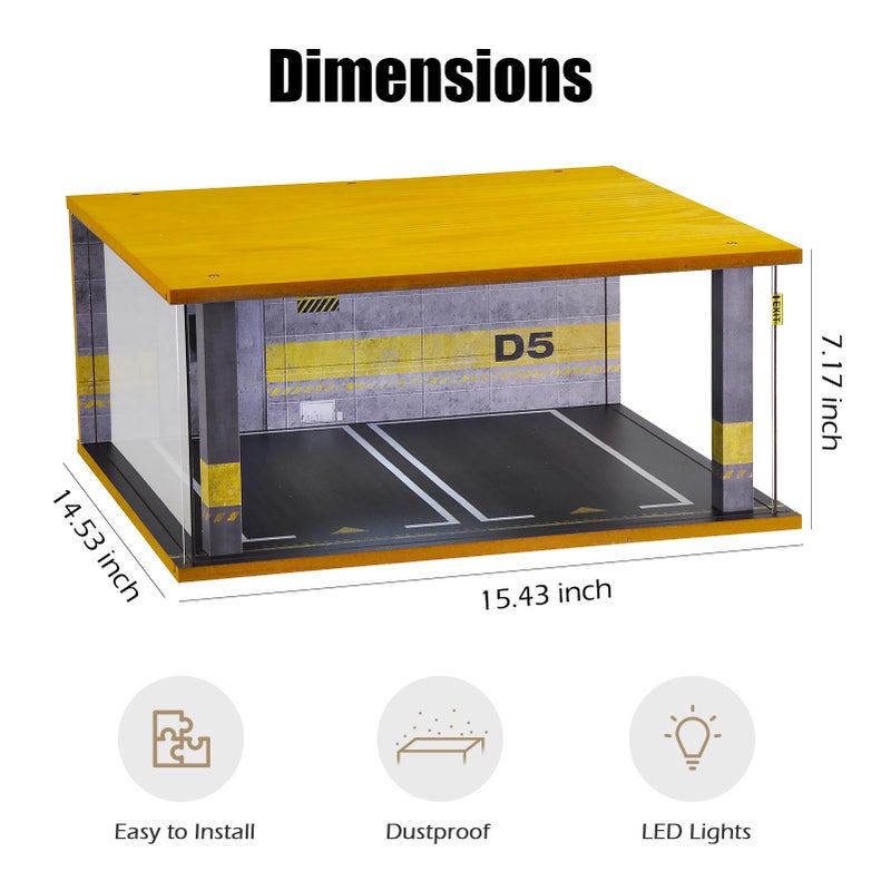 cxiiuui 1/18 Scale Display Case Car Garage Moldel with LED Light and Acrylic Cover Wooden Diecast Car Show Case 2 Parking Spaces Grey - Image 2