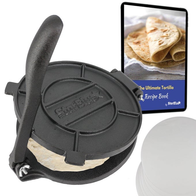 8 INCH CAST IRON TORTILLA PRESS BY WITH FREE 100 PIECES OIL PAPER AND RECIPES EBOOK TOOL TO MAKE INDIAN STYLE CHAPATI FLOUR TORTILLA ROTI