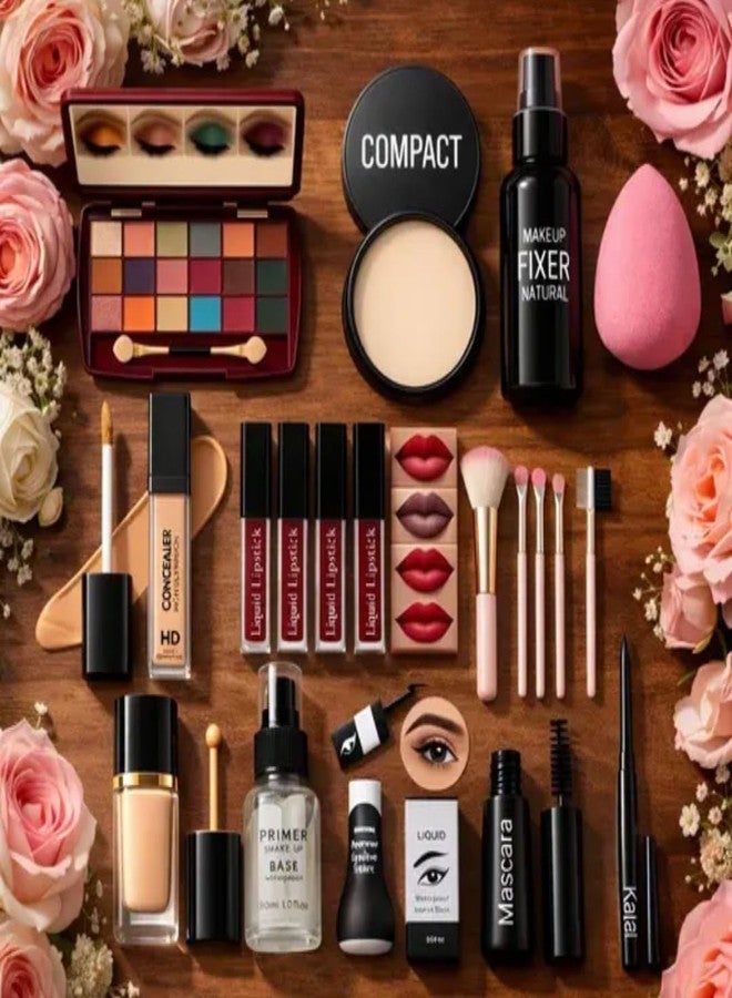 Complete Makeup Kit with Eyeshadow Palette, HD Concealer, Liquid Lipstick, Compact Powder, Primer, Mascara, Kajal, Makeup Fixer, Beauty Blender, and Brushes - Image 2