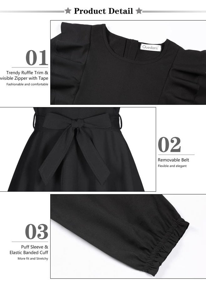 Quedoris Girls Ruffle Trim Dress Print and Solid Color A-line Swing Flared Belted Casual Party Dress with Zipper, Black Fall, 13-14 Years - Image 5