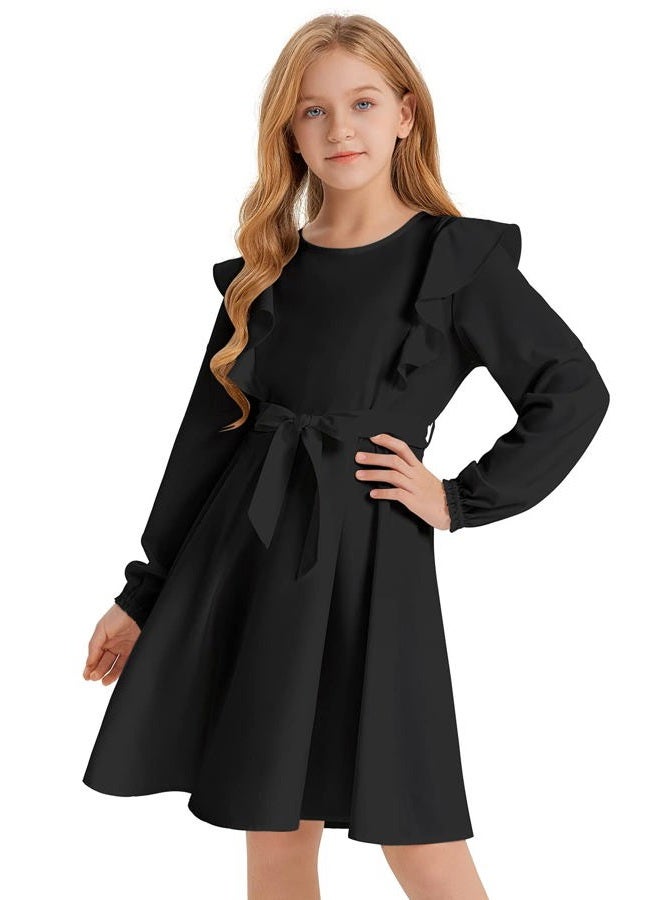 Quedoris Girls Ruffle Trim Dress Print and Solid Color A-line Swing Flared Belted Casual Party Dress with Zipper, Black Fall, 13-14 Years - Image 1