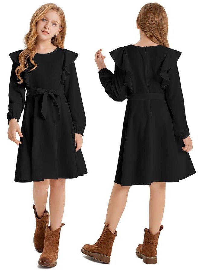 Quedoris Girls Ruffle Trim Dress Print and Solid Color A-line Swing Flared Belted Casual Party Dress with Zipper, Black Fall, 13-14 Years - Image 4