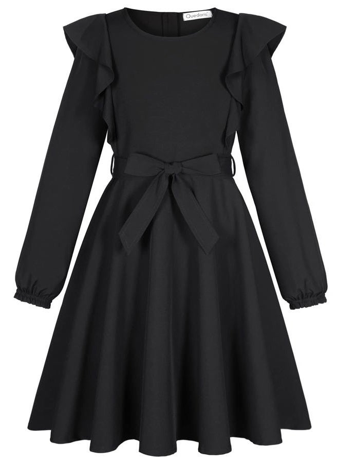 Quedoris Girls Ruffle Trim Dress Print and Solid Color A-line Swing Flared Belted Casual Party Dress with Zipper, Black Fall, 13-14 Years - Image 3