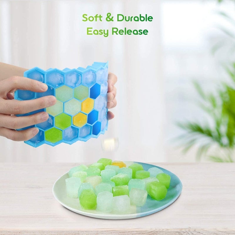 Glitzn Ice Cube Tray with Silicon Ice Mold Trays Flexible Silicone Honeycomb Shape 37 Cavity Ice Cube Tray with Lid Mould Ice Trays for Chilled Drinks Reusable Multicolor Pack of 2 - Image 2