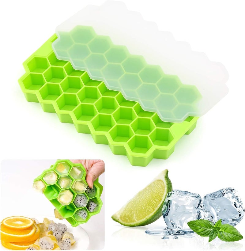 Glitzn Ice Cube Tray with Silicon Ice Mold Trays Flexible Silicone Honeycomb Shape 37 Cavity Ice Cube Tray with Lid Mould Ice Trays for Chilled Drinks Reusable Multicolor Pack of 2 - Image 1