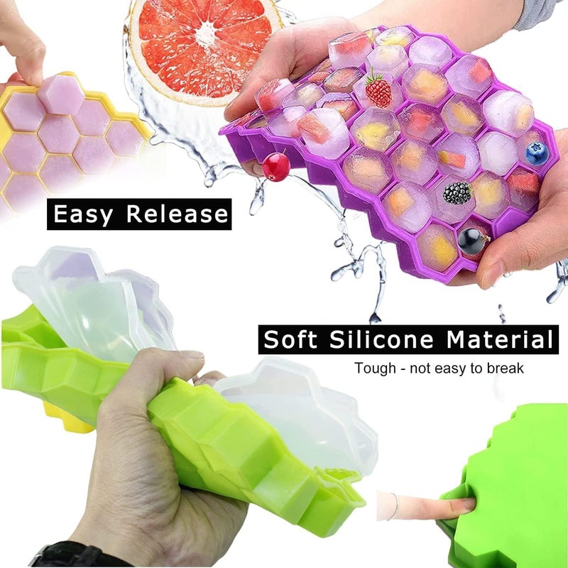 Glitzn Ice Cube Tray with Silicon Ice Mold Trays Flexible Silicone Honeycomb Shape 37 Cavity Ice Cube Tray with Lid Mould Ice Trays for Chilled Drinks Reusable Multicolor Pack of 2 - Image 4