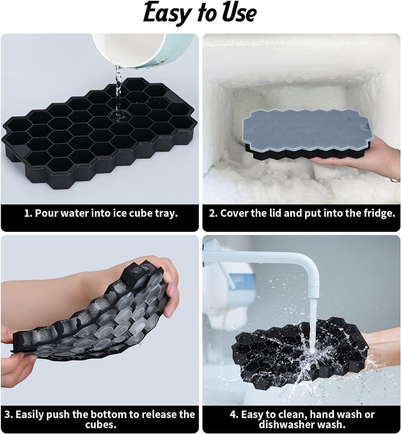 Glitzn Ice Cube Tray with Silicon Ice Mold Trays Flexible Silicone Honeycomb Shape 37 Cavity Ice Cube Tray with Lid Mould Ice Trays for Chilled Drinks Reusable Multicolor Pack of 2 - Image 5