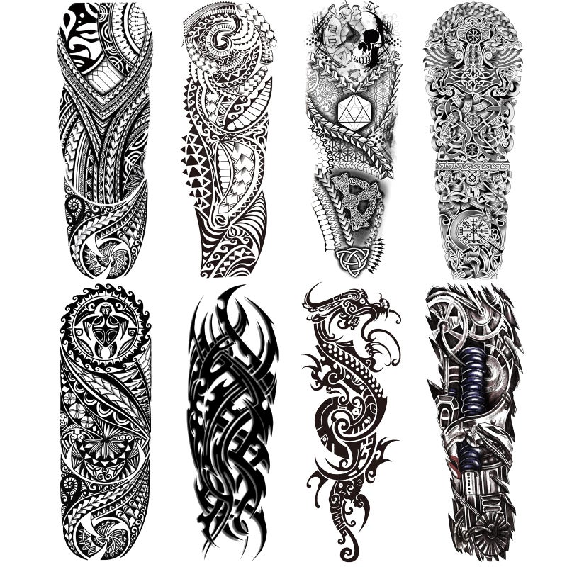 Totem Fake Tattoos Sleeve For Men Women Full Arm Tribal Polynesian Temporary Tattoo Sleeves Adult Large Black Hawaiian Viking Dragon Temp Tatoo Sticker Leg Body Art Makeup 8Sheet