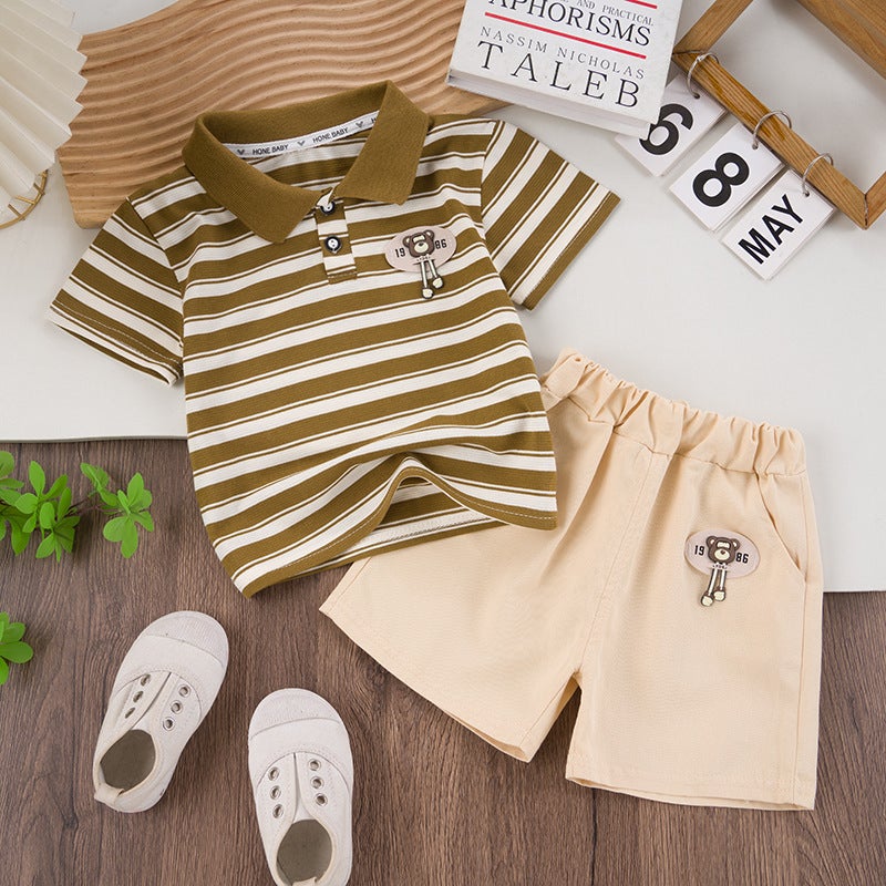 Boys Summer Clothes suit 2024 New Western Style Baby Summer Internet Popular Polo Short-sleeved Clothes Two-piece Casual Set Khaki