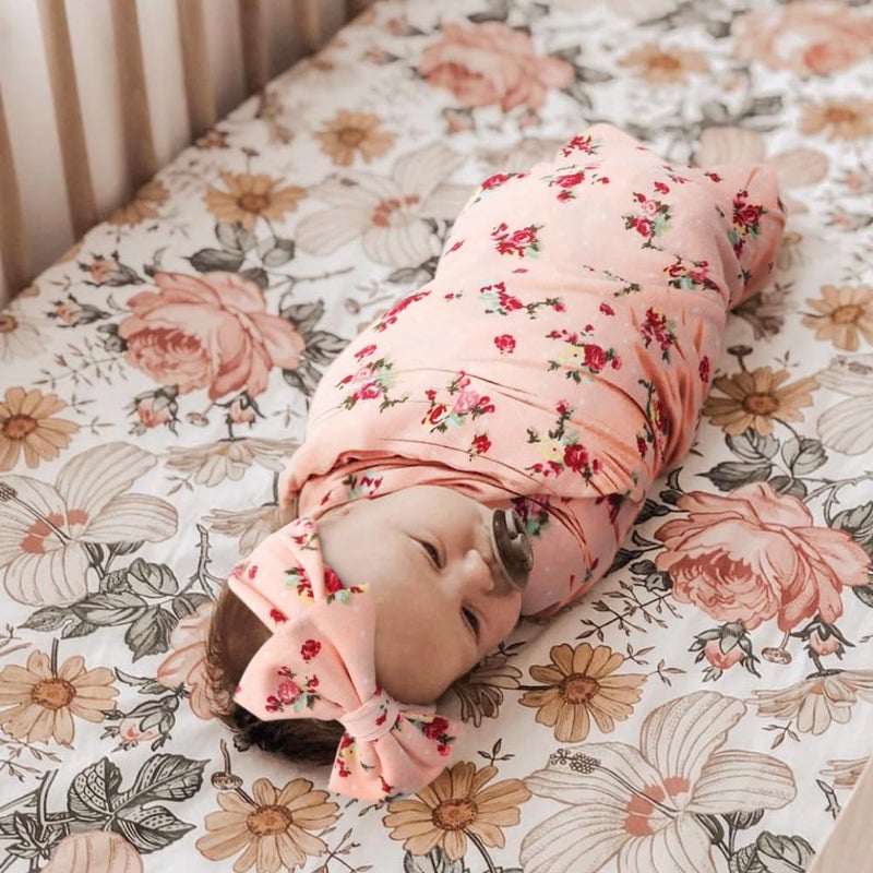 DRESHOW BQUBO Baby Girl Newborn Floral Receiving Blankets with Bow Hat Headband Wooden Birth Announcement Card Set Newborn Baby Swaddling Hats Sleepsack Toddler Warm Shower Gift - Image 3
