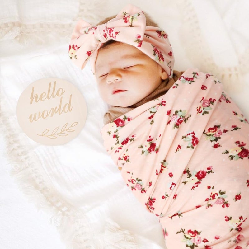 DRESHOW BQUBO Baby Girl Newborn Floral Receiving Blankets with Bow Hat Headband Wooden Birth Announcement Card Set Newborn Baby Swaddling Hats Sleepsack Toddler Warm Shower Gift - Image 2