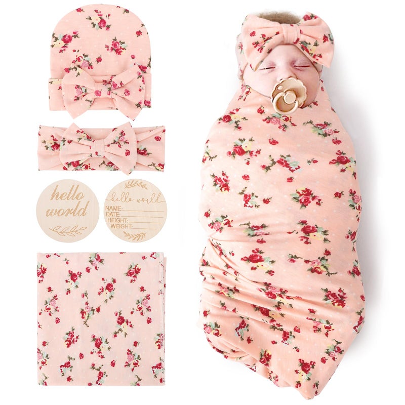 DRESHOW BQUBO Baby Girl Newborn Floral Receiving Blankets with Bow Hat Headband Wooden Birth Announcement Card Set Newborn Baby Swaddling Hats Sleepsack Toddler Warm Shower Gift - Image 1