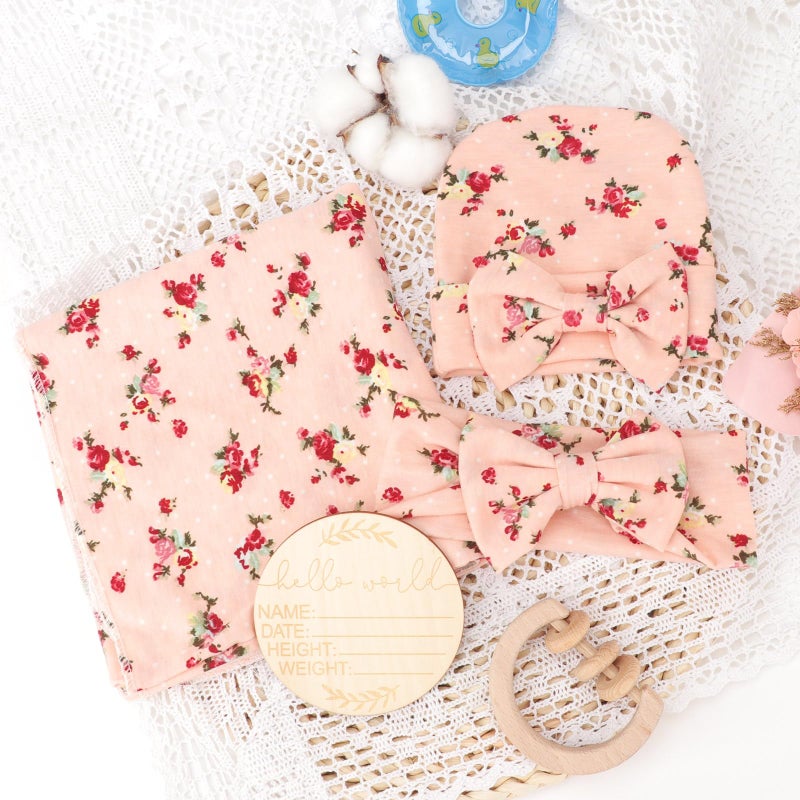 DRESHOW BQUBO Baby Girl Newborn Floral Receiving Blankets with Bow Hat Headband Wooden Birth Announcement Card Set Newborn Baby Swaddling Hats Sleepsack Toddler Warm Shower Gift - Image 4