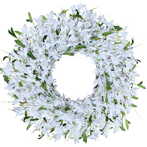 LOKEISNA Spring Wreath White Forsythia Door Wreath, 24 Inch Summer Wreaths for Front Door Outside, Artificial Handmade Forsythia Flower Wreath for Front Door Window Wall Indoor Outdoor Décor Gift - Image 1