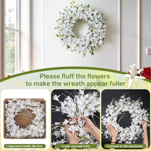 LOKEISNA Spring Wreath White Forsythia Door Wreath, 24 Inch Summer Wreaths for Front Door Outside, Artificial Handmade Forsythia Flower Wreath for Front Door Window Wall Indoor Outdoor Décor Gift - Image 4