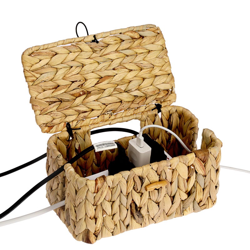 BTSKY Woven Cable Management Box with Lid, Water Hyacinth Cord Organizer for Desk, Cable Organizer Box with 2-Open Slots to Hide Power Strips USB Hubs for Home & Office, Pet Proofing Cord Basket, S - Image 1
