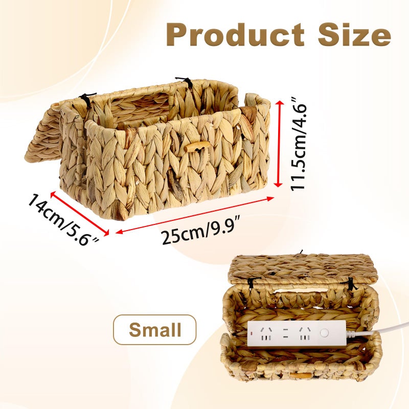 BTSKY Woven Cable Management Box with Lid, Water Hyacinth Cord Organizer for Desk, Cable Organizer Box with 2-Open Slots to Hide Power Strips USB Hubs for Home & Office, Pet Proofing Cord Basket, S - Image 3