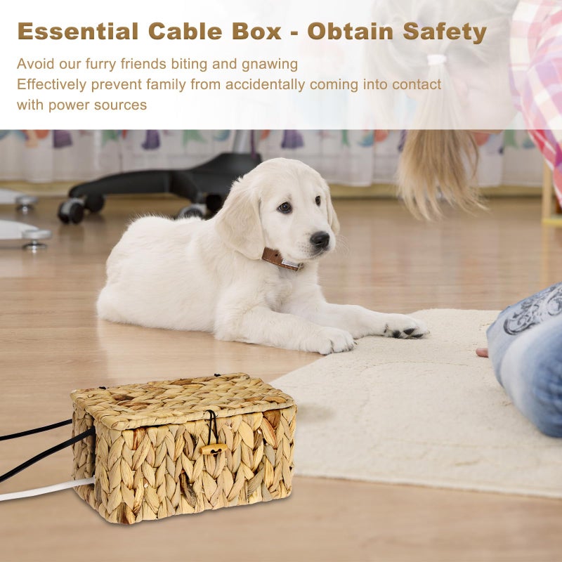 BTSKY Woven Cable Management Box with Lid, Water Hyacinth Cord Organizer for Desk, Cable Organizer Box with 2-Open Slots to Hide Power Strips USB Hubs for Home & Office, Pet Proofing Cord Basket, S - Image 5